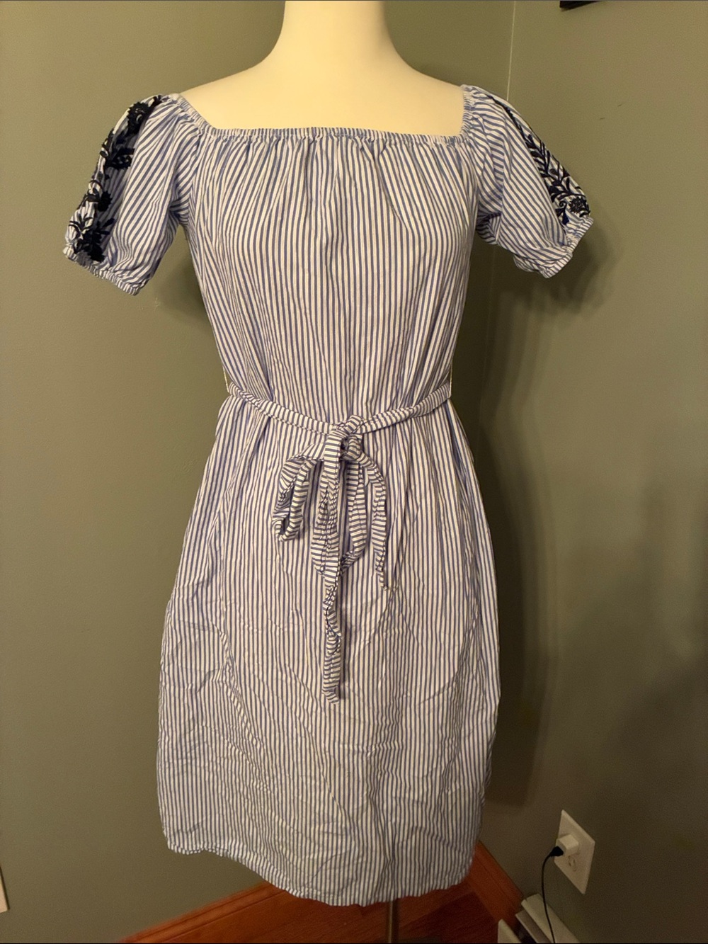 Who What Wear Blue and White Striped Off-Shoulder Tie-Waist Dress